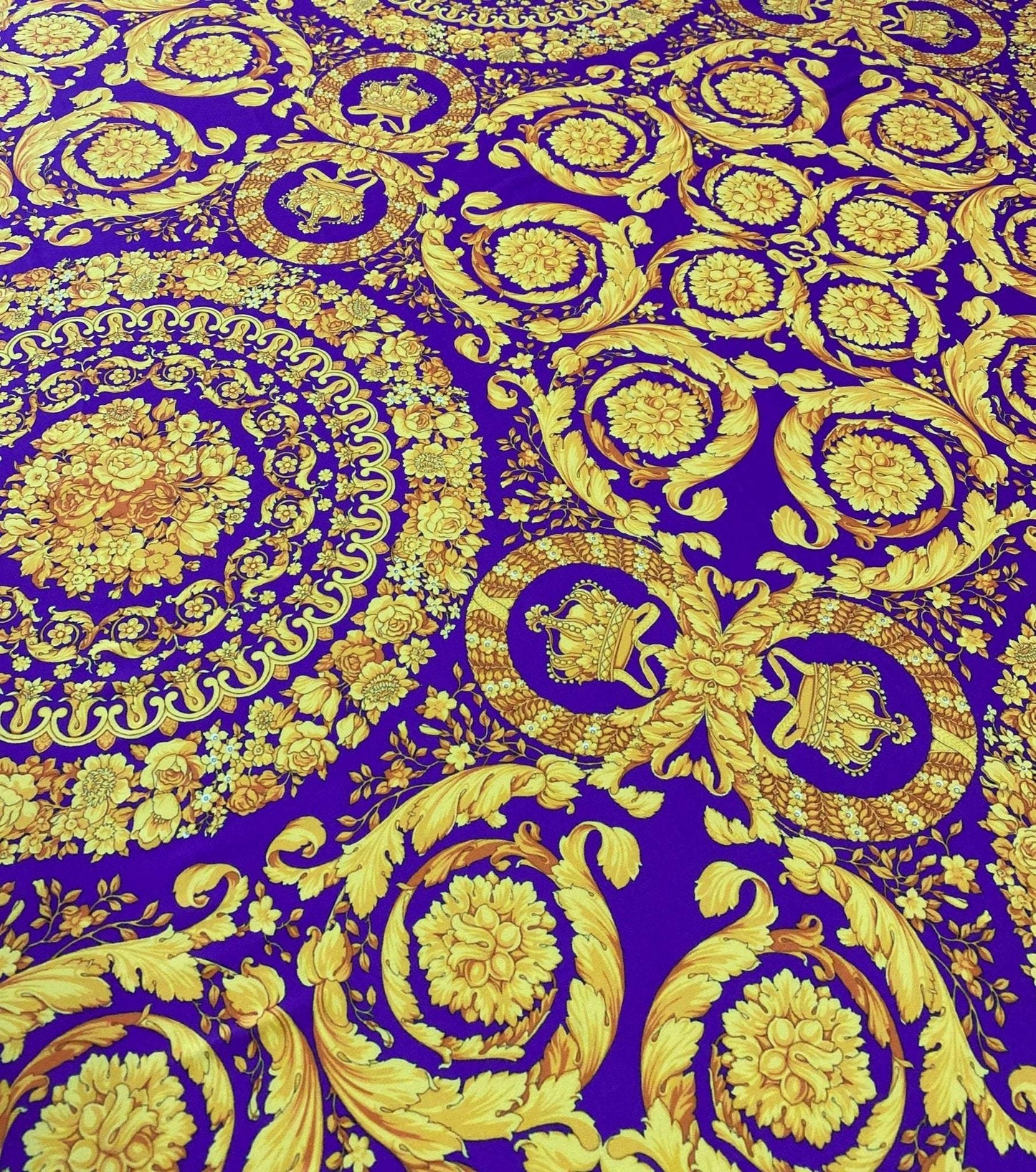 Gold Baroque Medallion Scroll Purple Fabric by the Metre