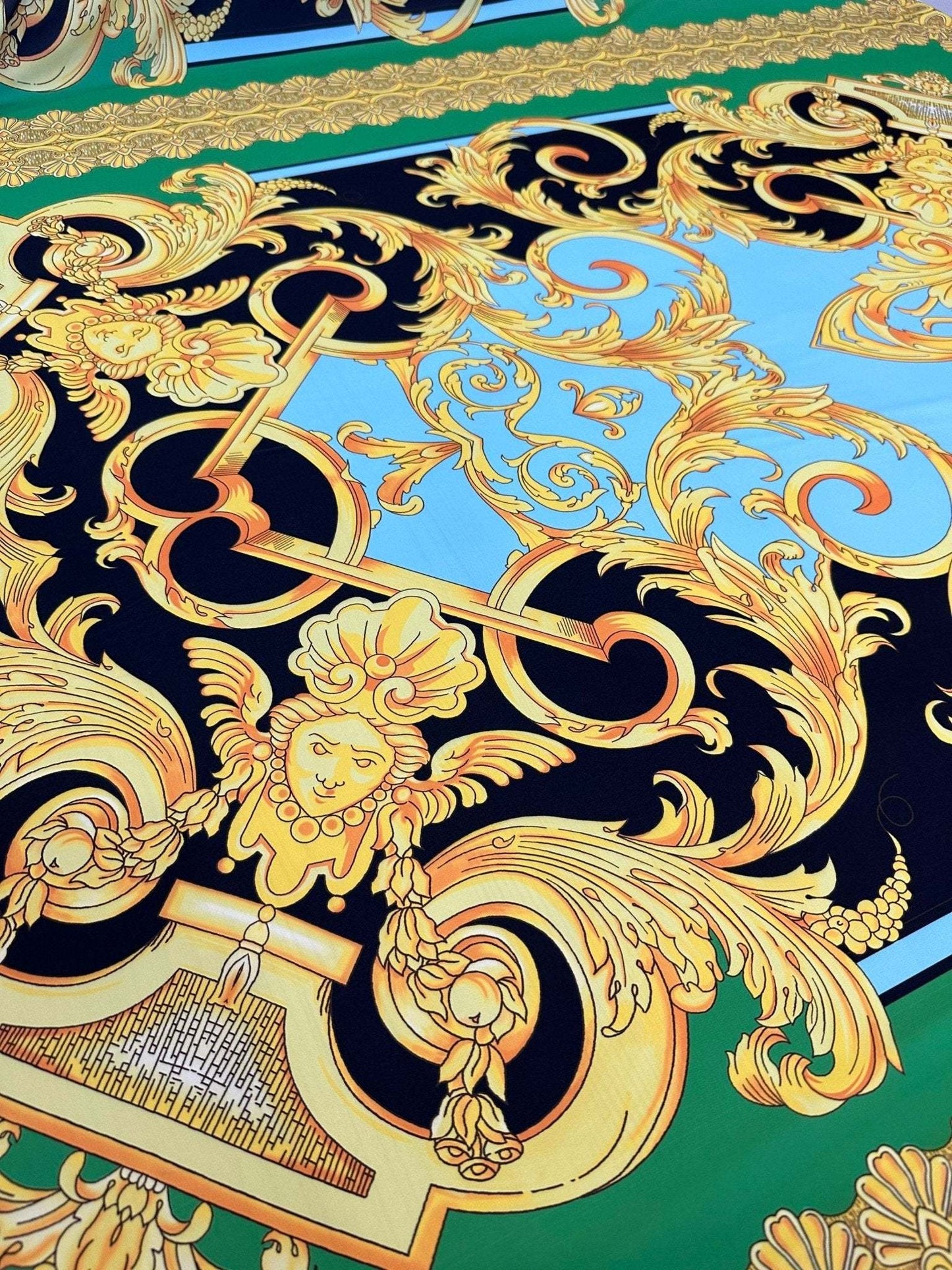 Baroque Scroll Panel Blue Gold Black Fabric by the Metre