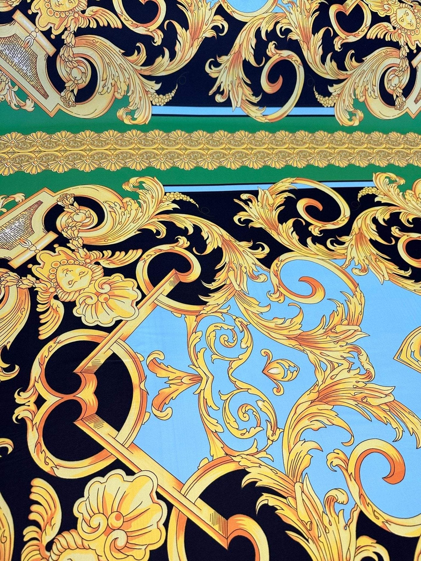 Baroque Scroll Panel Blue Gold Black Fabric by the Metre
