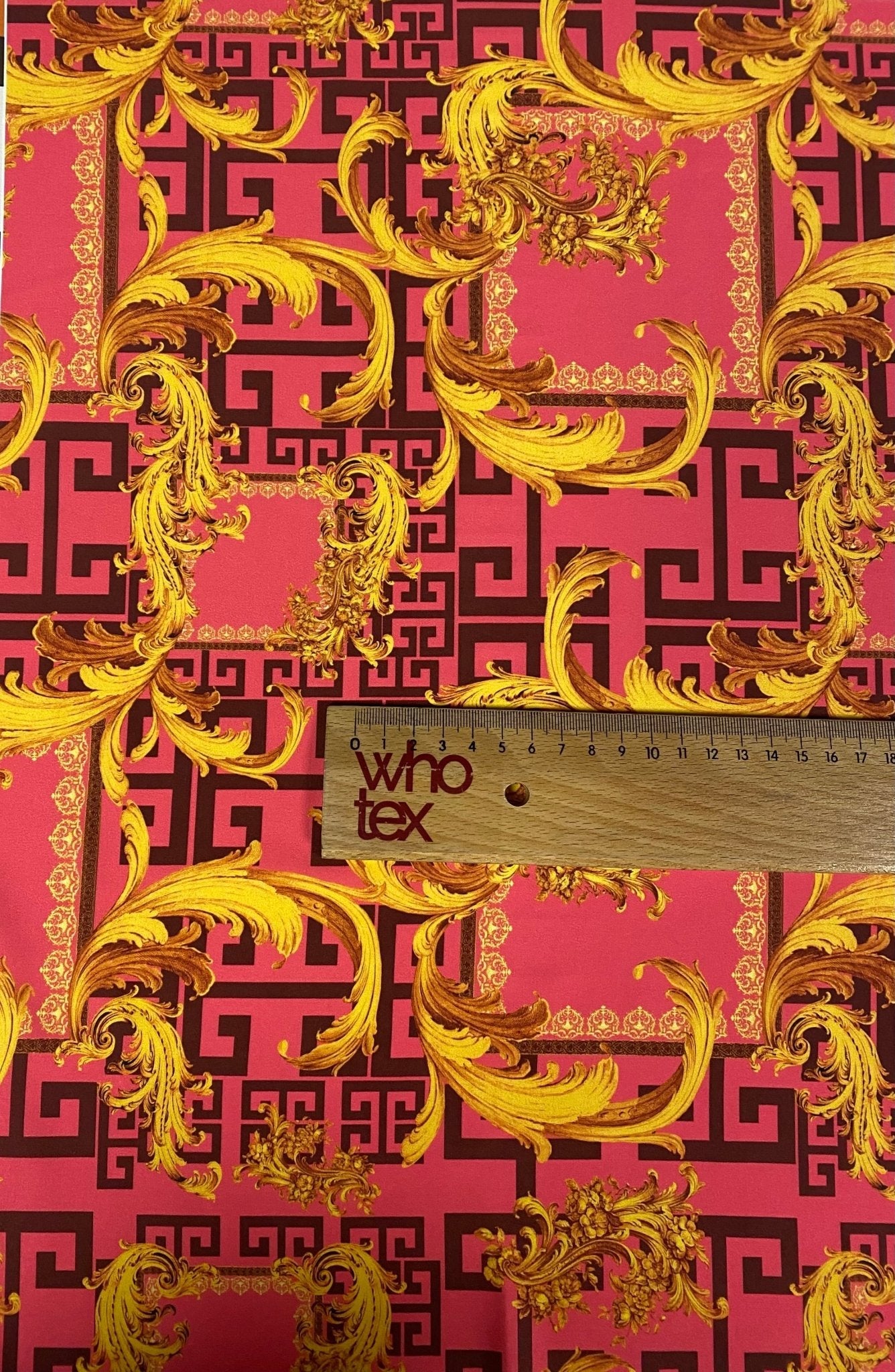 Baroque Pink & Gold Fabric – Luxury Ornate Greek Key Print by the Metre