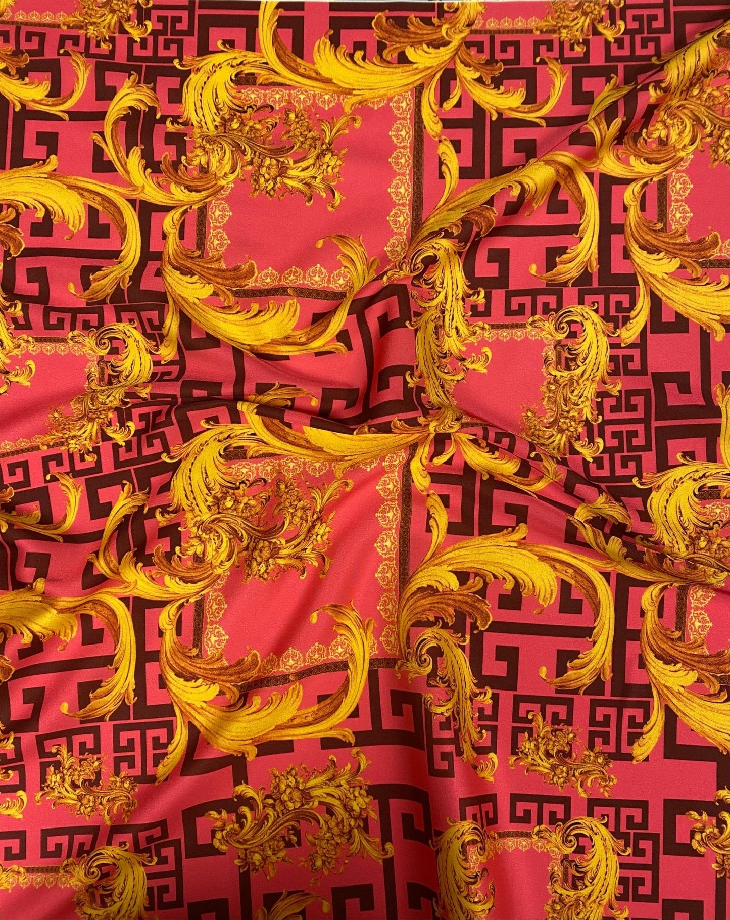 Baroque Pink & Gold Fabric – Luxury Ornate Greek Key Print by the Metre