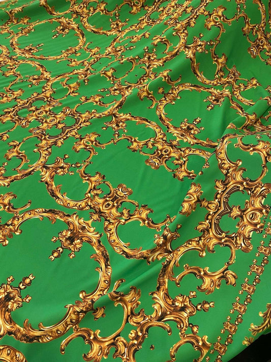 Baroque Green Gold Print Fabric – Multiple Fabric Options, Sold by Metre