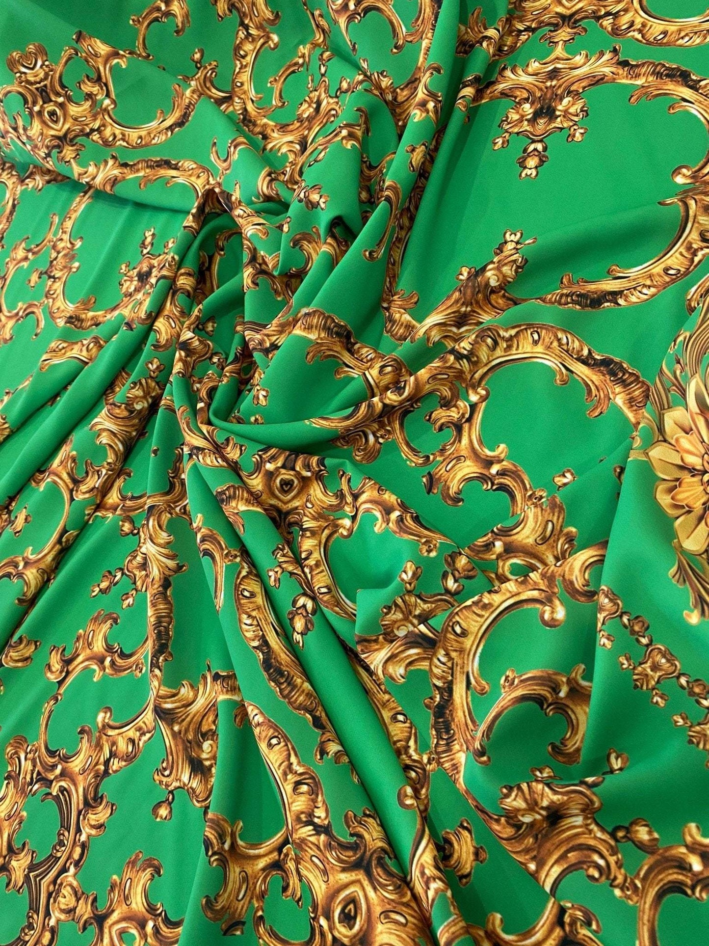 Baroque Green Gold Print Fabric Sold by Metre