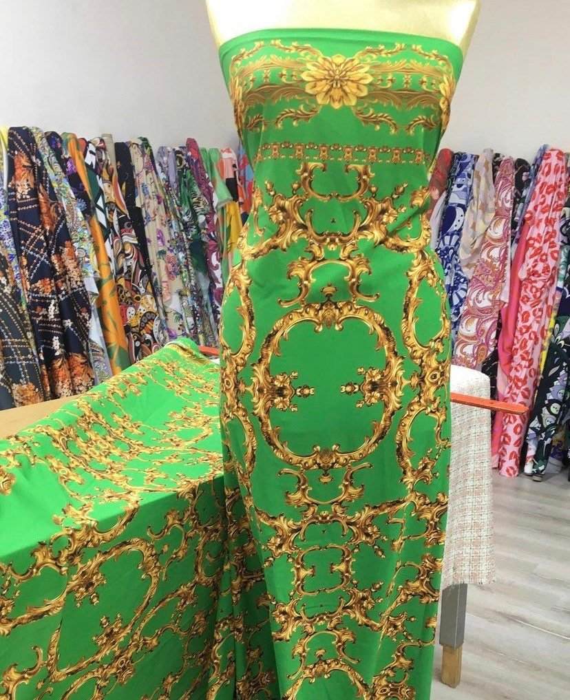 Baroque Green Gold Print Fabric Sold by Metre