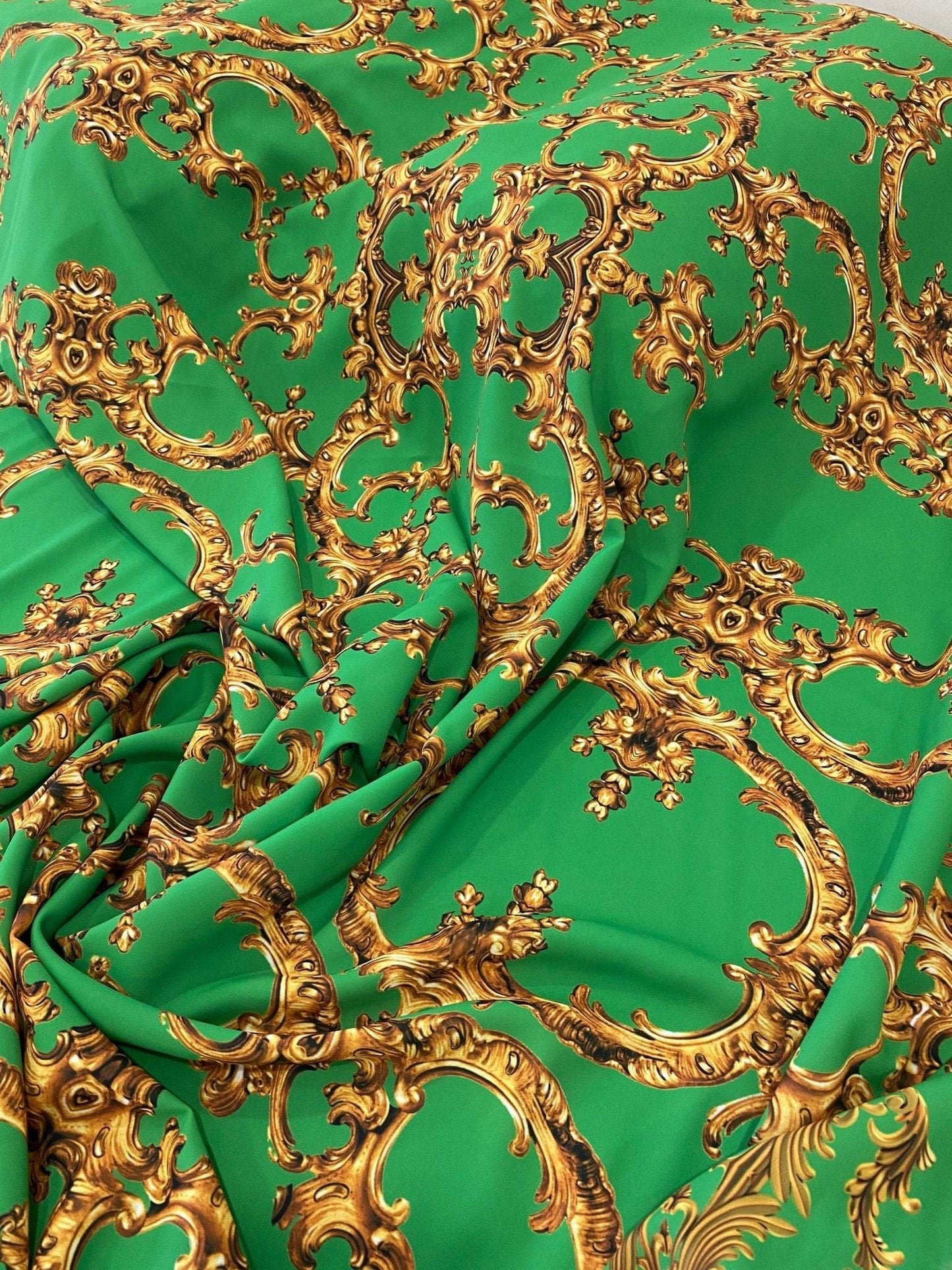 Baroque Green Gold Print Fabric – Multiple Fabric Options, Sold by Metre