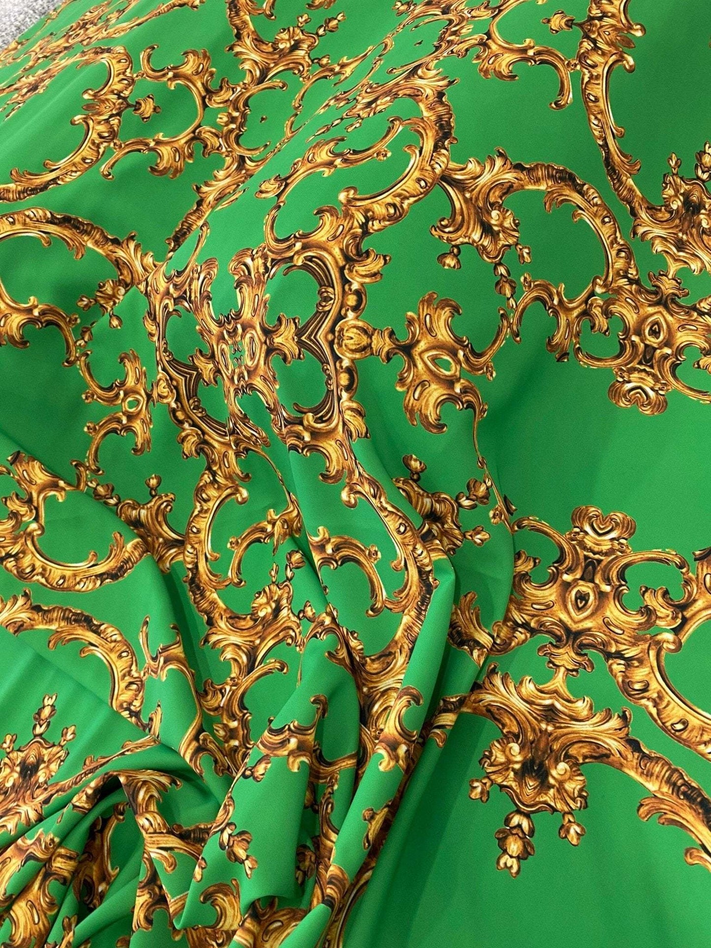 Baroque Green Gold Print Fabric – Multiple Fabric Options, Sold by Metre