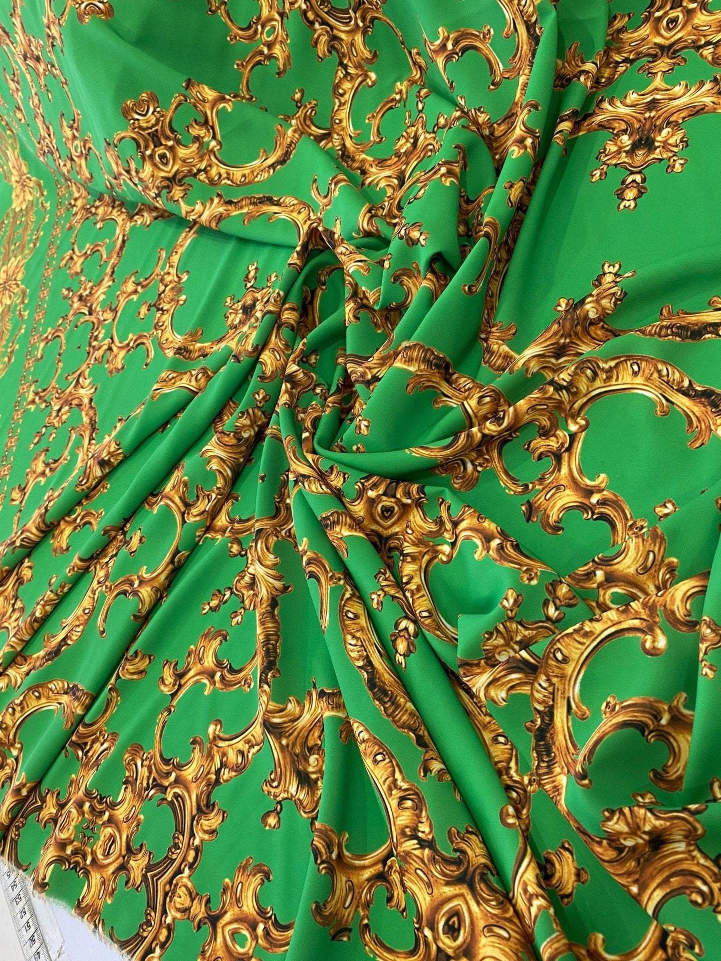Baroque Green Gold Print Fabric – Multiple Fabric Options, Sold by Metre
