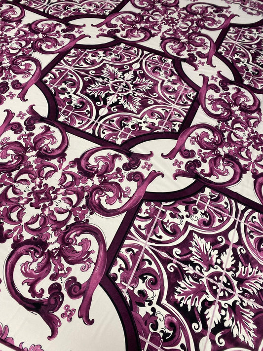 Baroque Style Purple Ornamental Fabric – Available in Satin, Crepe, Spandex & Chiffon | By Metre