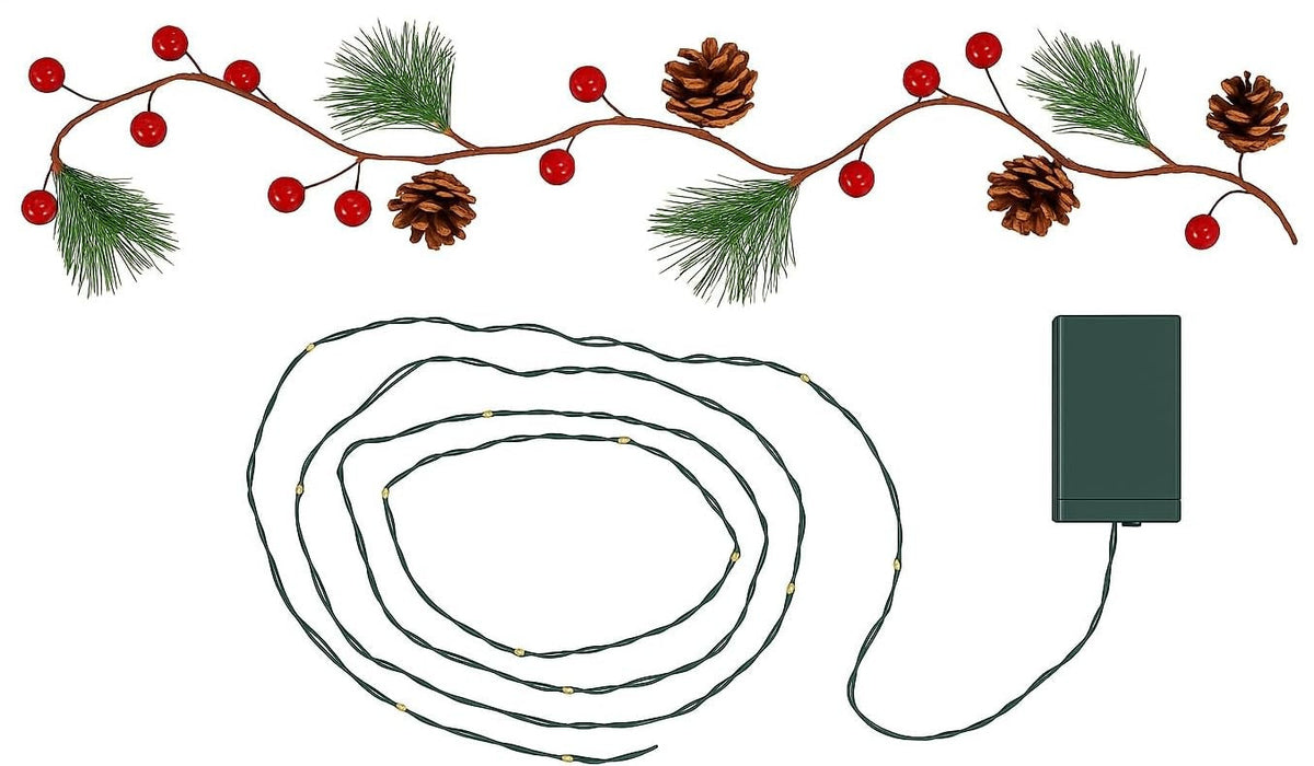 2m Christmas Garland with LED Lights Red Berries