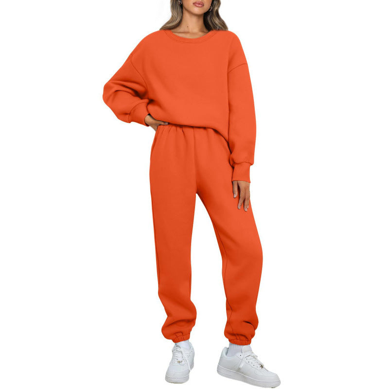 Winter Solid-color Fashionable Crew-neck Pullover With Fleece Lining