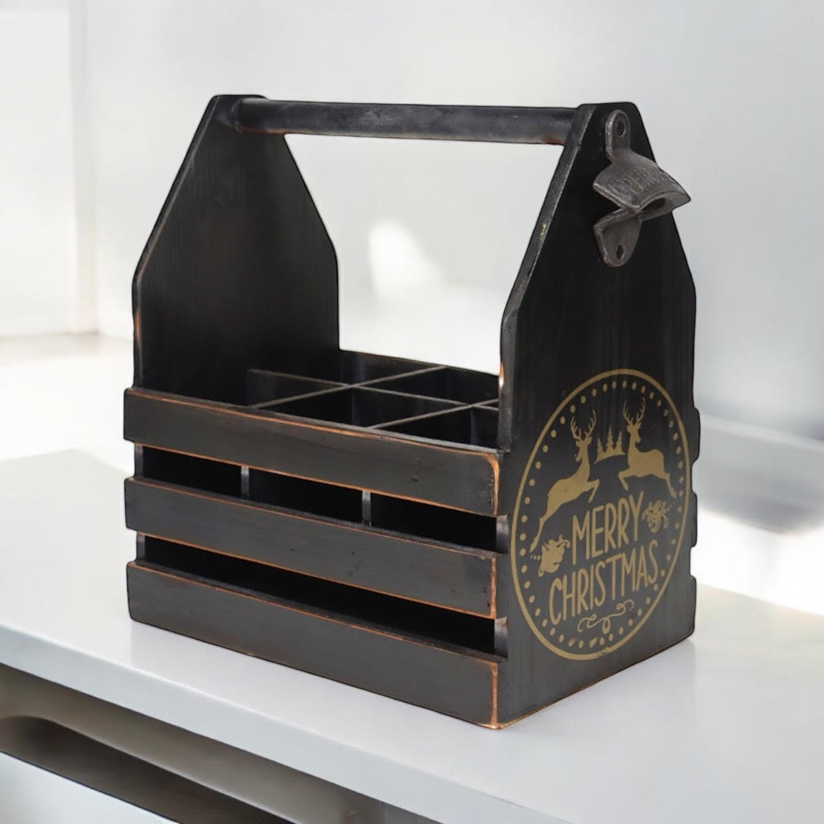 BLACK 6 BOTTLE HOLDER WITH METAL OPENER