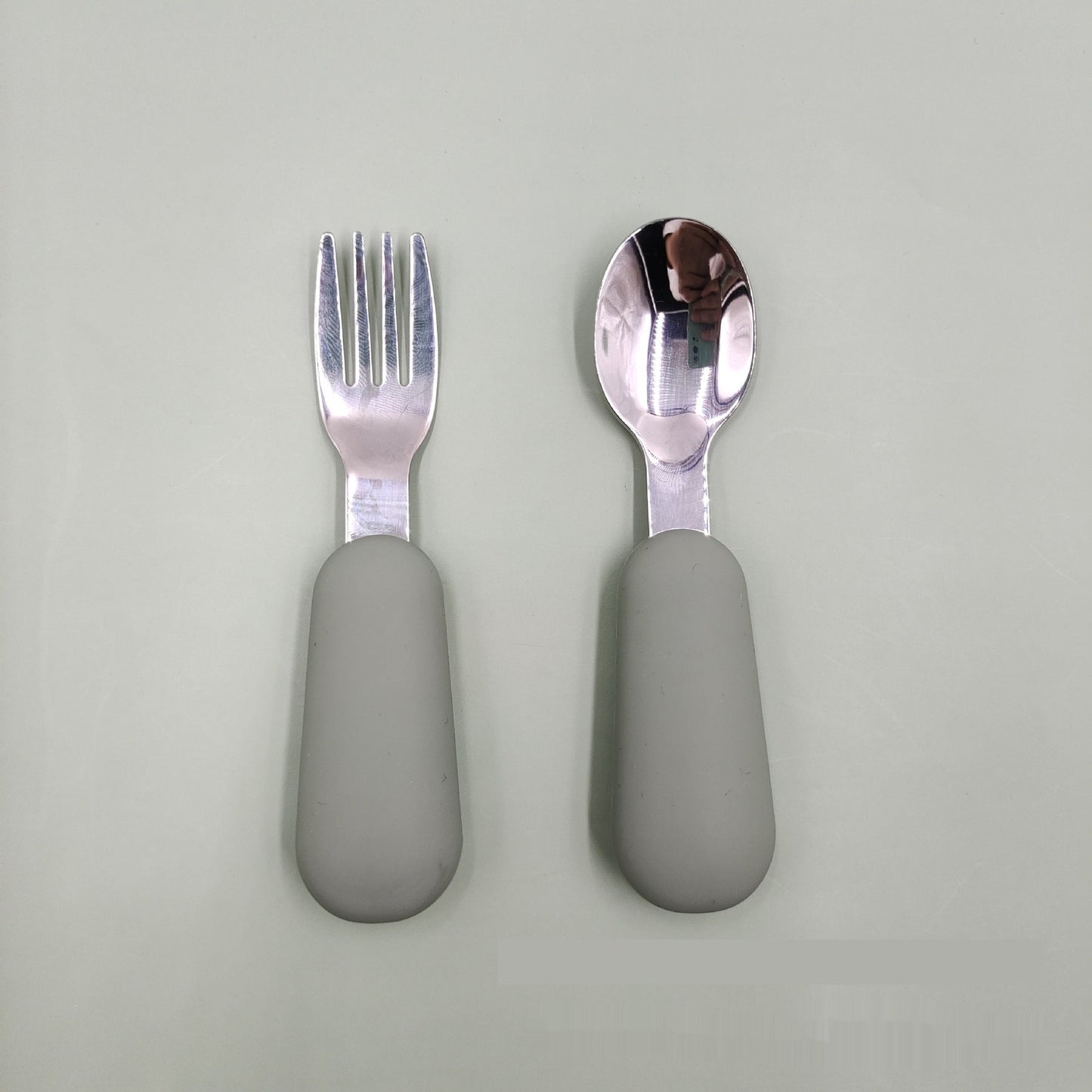 Stainless Steel Baby Spoon Fork Set - Short Handle Silicone Grip