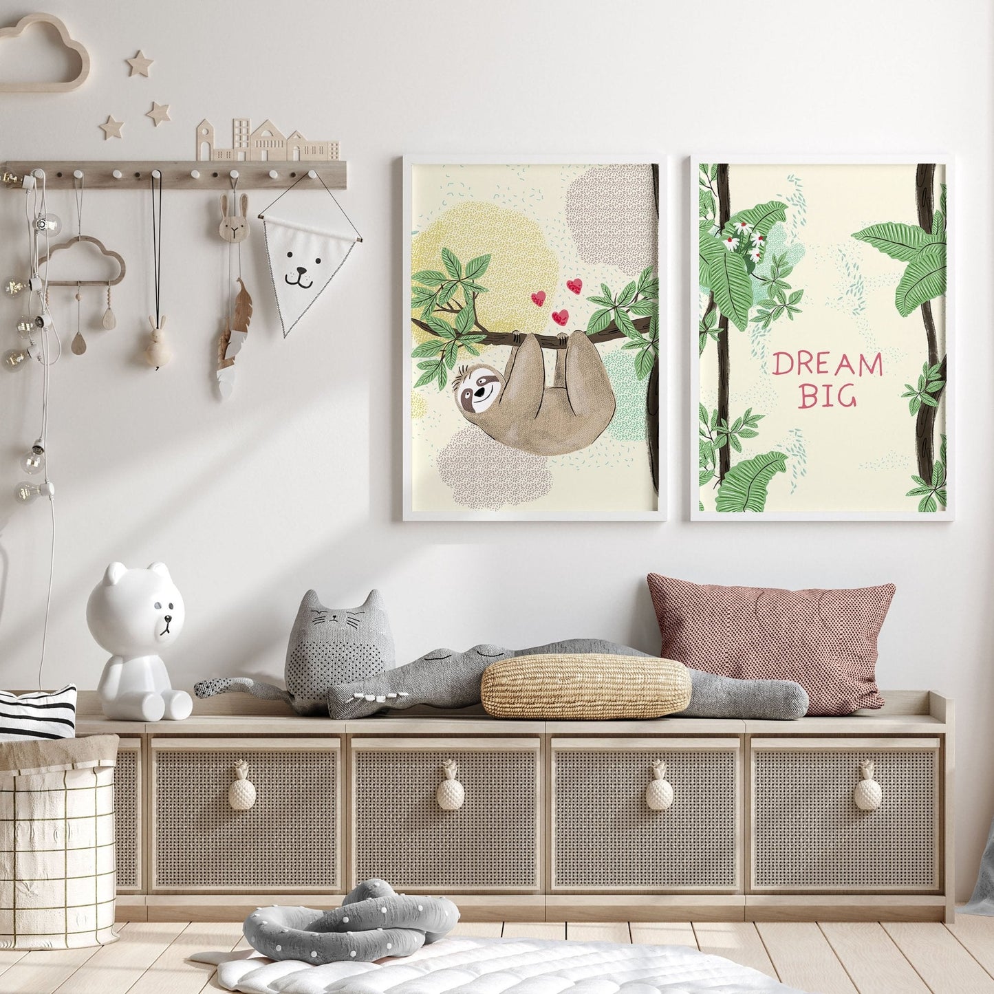 Bedroom jungle wall art for nursery | set of 2 Sloths art prints
