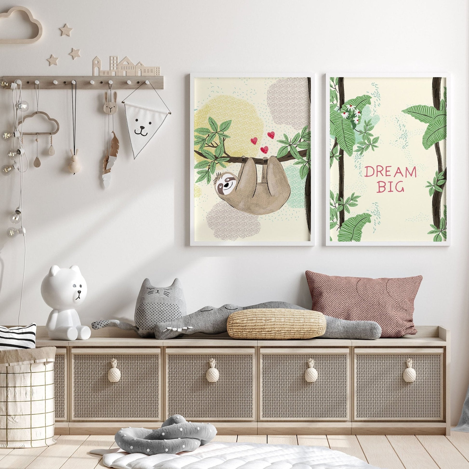 Bedroom jungle wall art for nursery | set of 2 Sloths art prints
