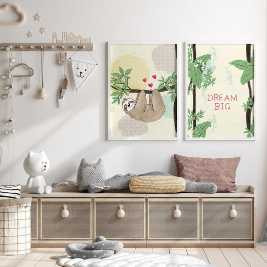 Bedroom jungle wall art for nursery | set of 2 Sloths art prints