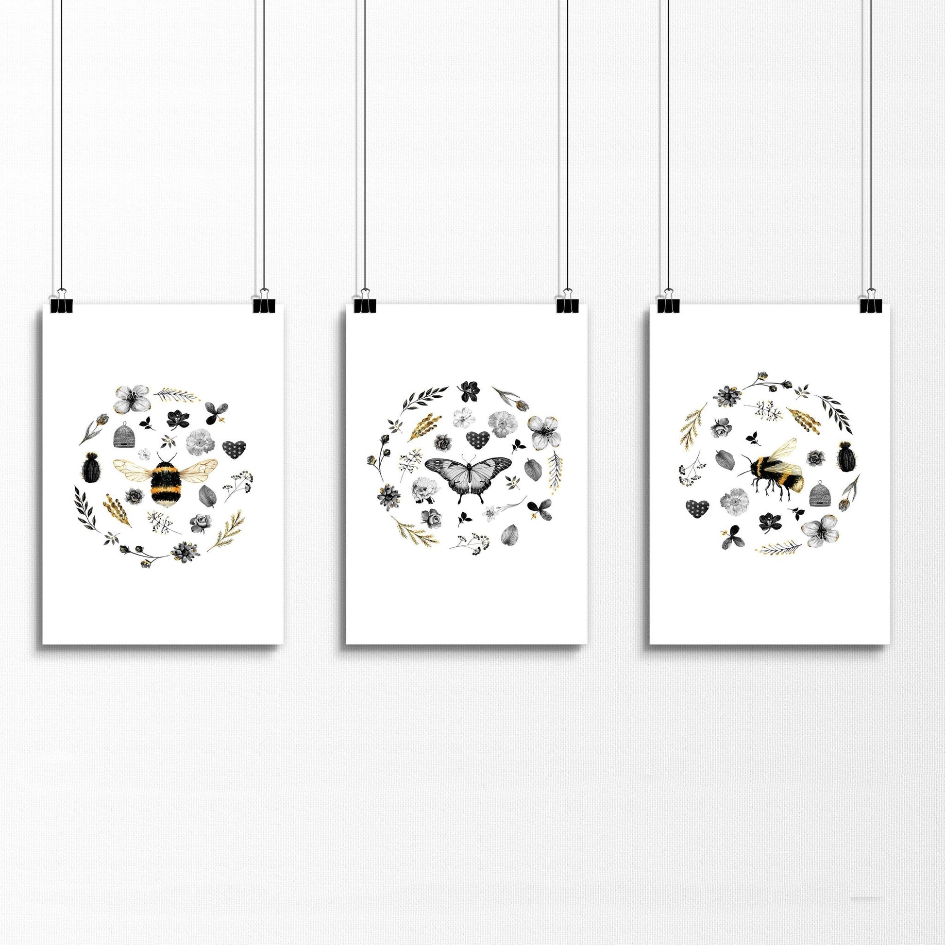 Bee wall hanging | Set of 3 pictures for entryway