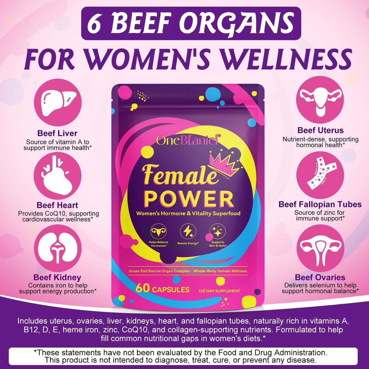 Beef Organ Supplement for Women – Grass-Fed Liver, Uterus & Ovaries | Hormone Balance, Energy, Immunity | 60 Capsules