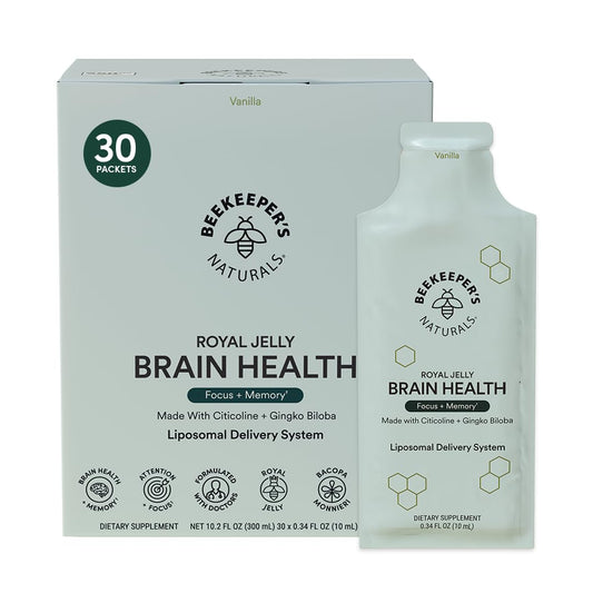 Beekeeper's Naturals Brain Nootropic Supplement - 500mg Citocoline, Ginkgo, Bacopa, Royal Jelly, Vanilla Flavor, 30ct