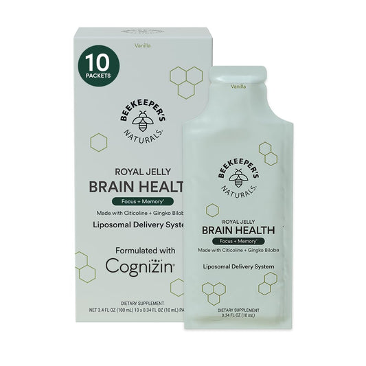 Nootropic Brain supplement by Beekeeper's Naturals, 500 mg Citocoline, Ginkgo Biloba, Bacopa Monnieri & Royal Jelly, Supports Focus & Memory, Easier Absorption, Plus a Tasty Vanilla Flavor, 10ct