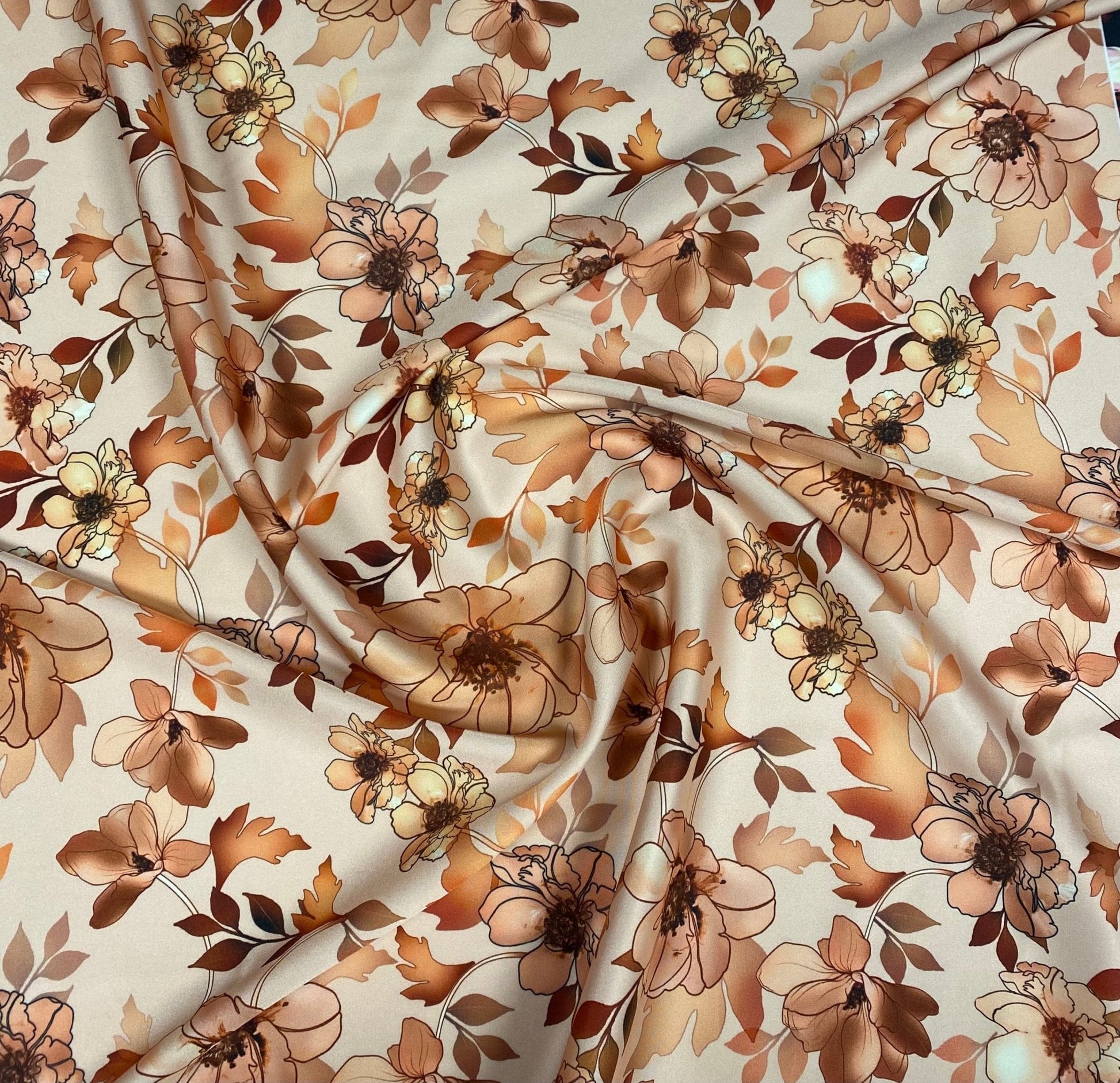 Beige Floral Fabric – Brown & Cream Flower Print by the Metre