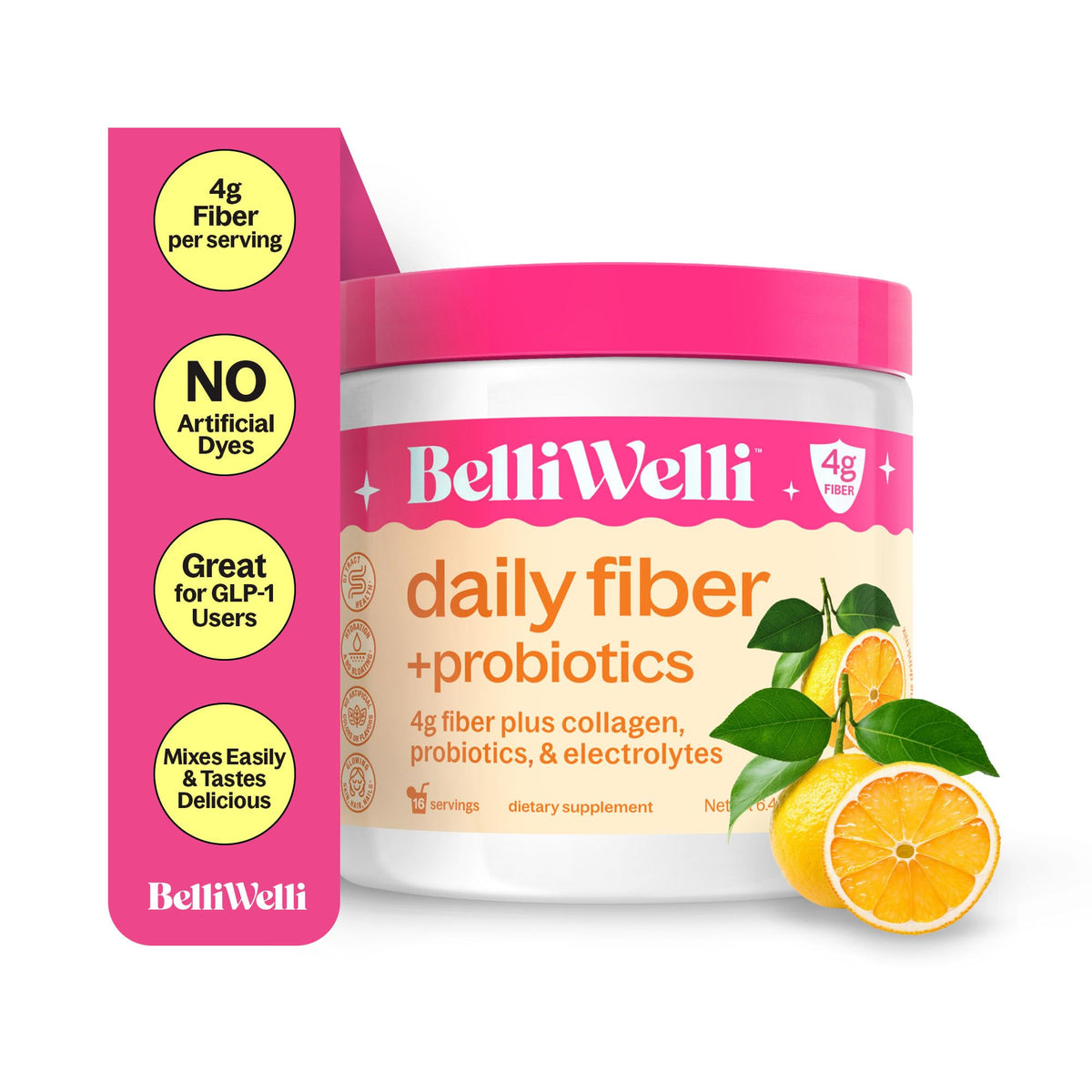 BelliWelli Fiber Supplement for Women & Men – Organic Acacia Fiber with Collagen, Electrolytes & Probiotics (Orange Yuzu)