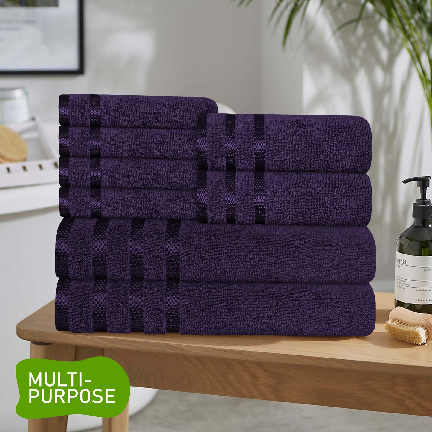 Belmont Viscose Stripe Purple Towels 100% Cotton Hotel Quality Super Absorbent 10 Piece Bale Set, 4 Hand Towel & 12 Face Cloths by OLIVIA ROCCO