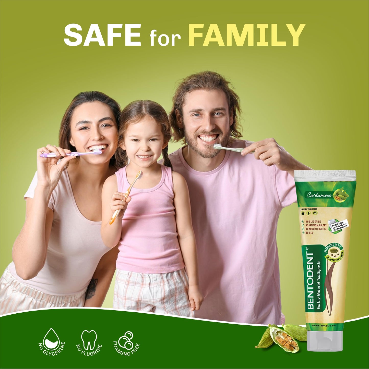Bentodent Fluoride-Free Remineralizing Bentonite Toothpaste with Cardamom – Mint-Free, 3.52 oz
