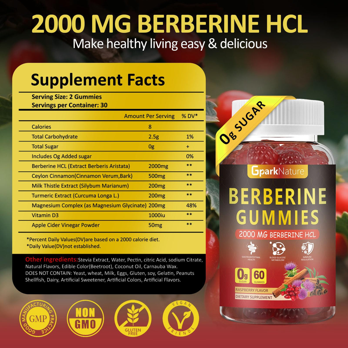 Berberine Gummies 2000 mg – Sugar Free, Vegan Raspberry (2 Pack, 120 Count)