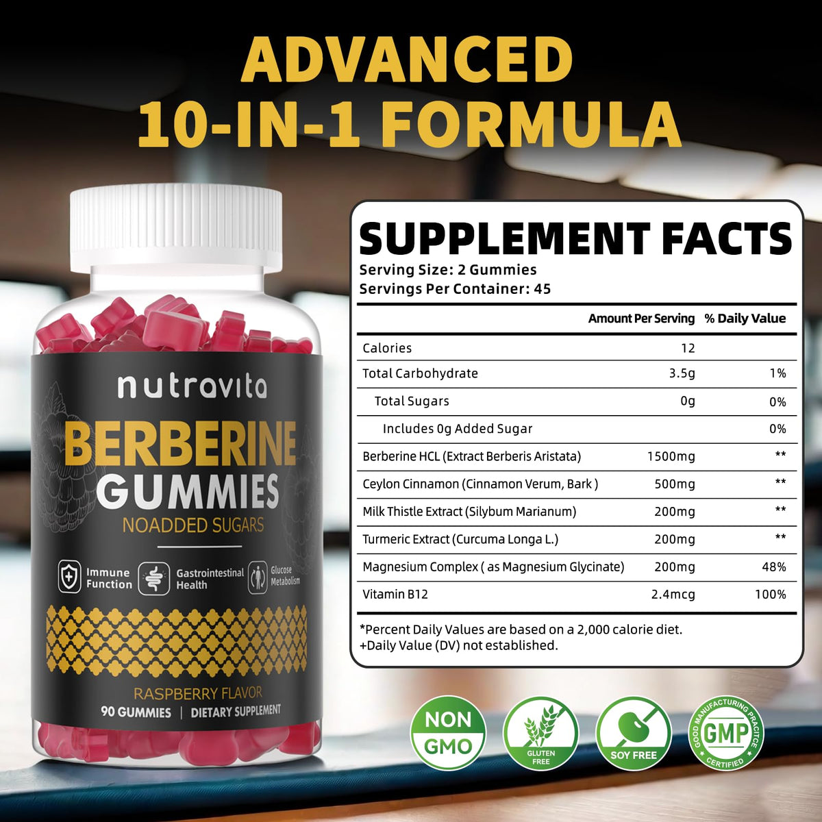 Nutravita Berberine Gummies 1500mg HCL + Ceylon Cinnamon – Sugar Free Raspberry 2-Pack