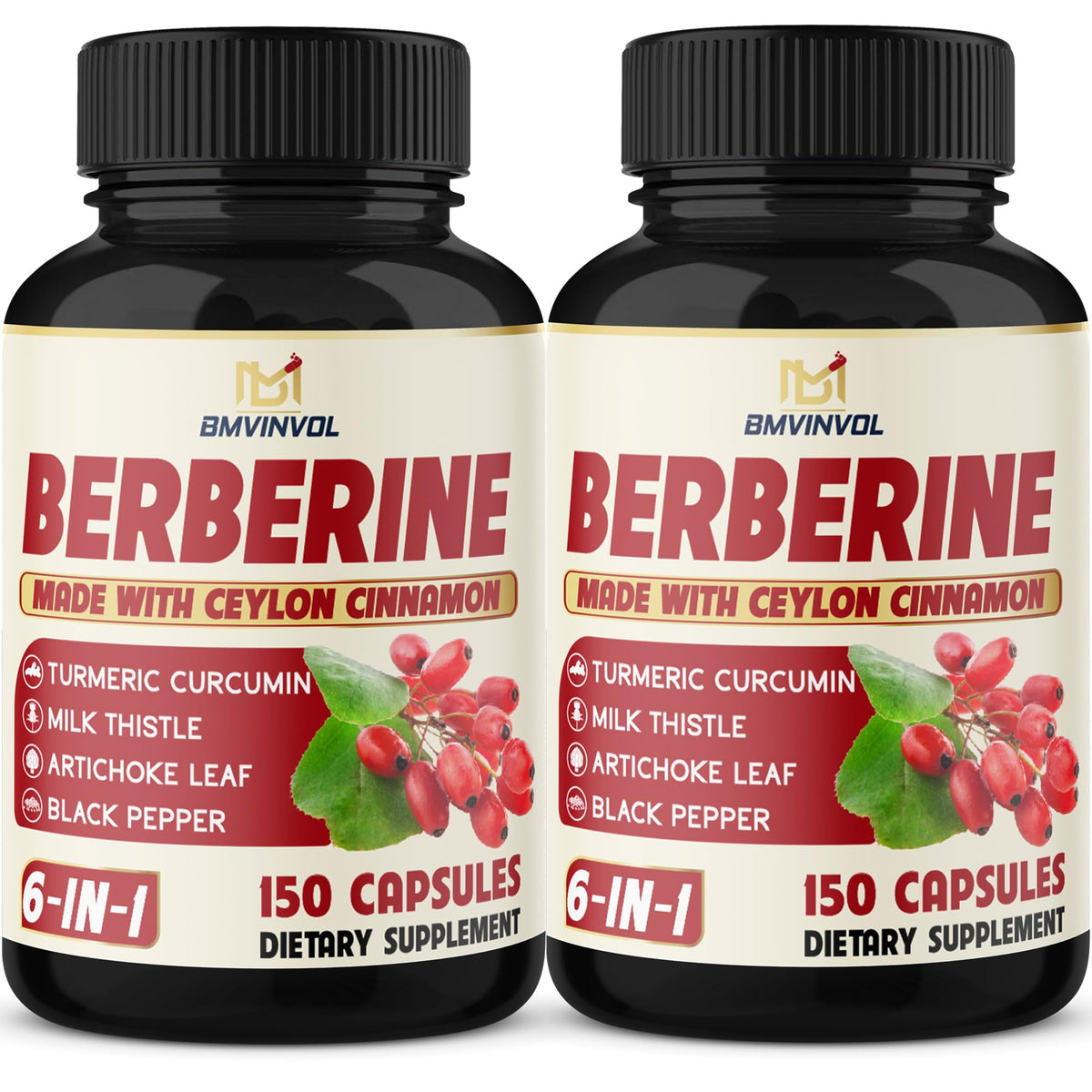 2 Pack Berberine HCl + Cinnamon, Turmeric & Milk Thistle - Immune Support