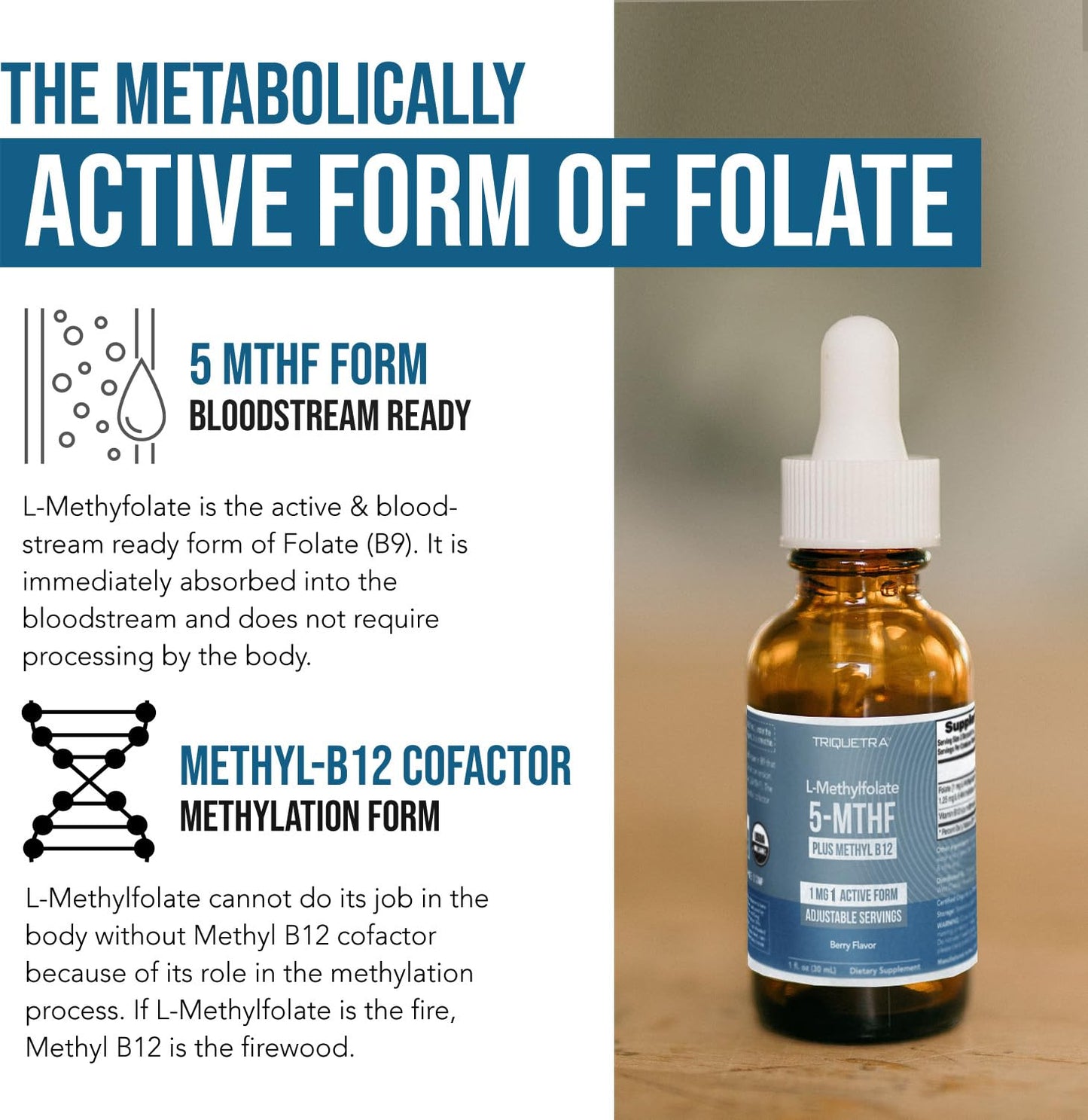 Organic Methyl Folate 1000 mcg + Methyl B12 Cofactor | Sublingual Berry Liquid (1oz) | 300 Servings | 5-MTHF