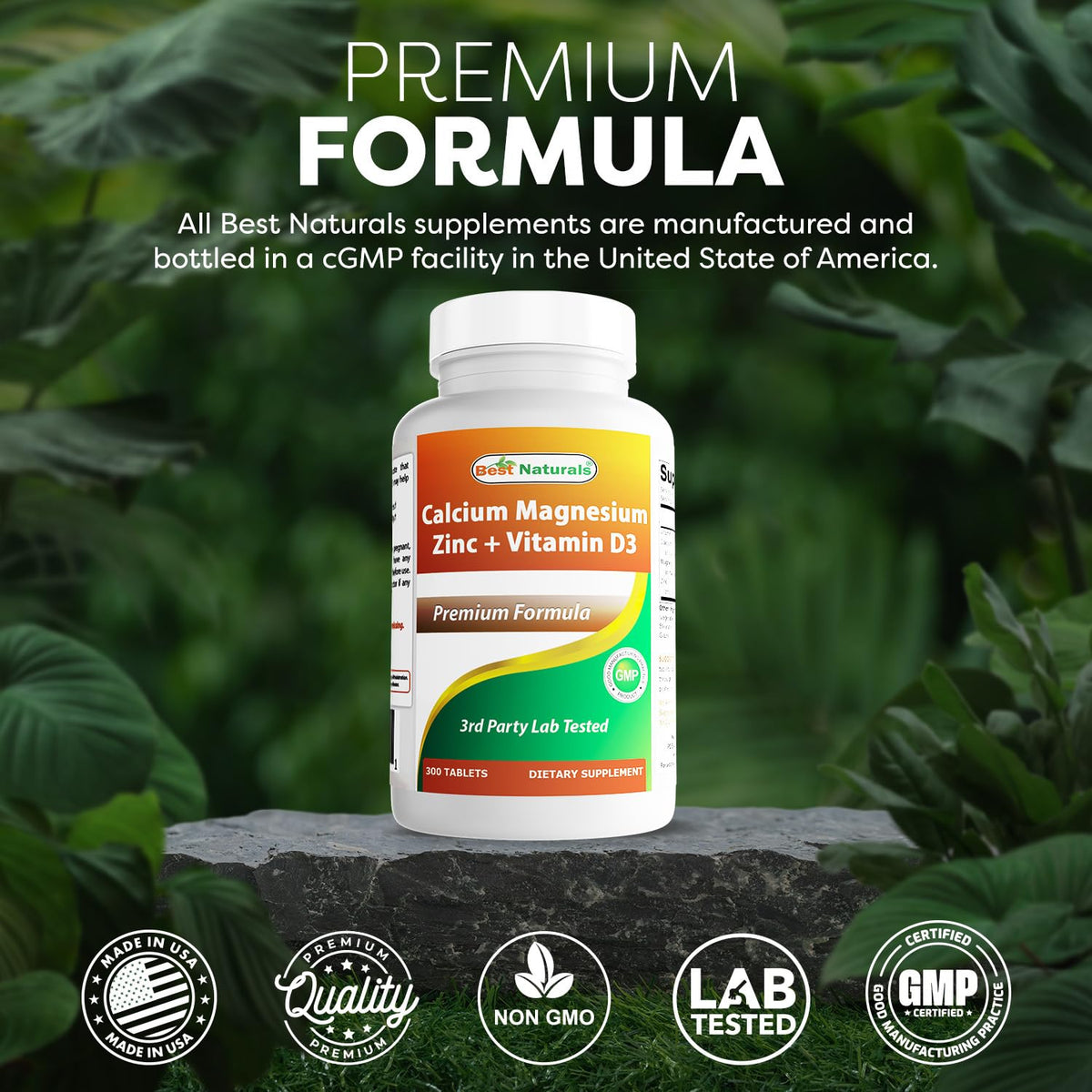 Best Naturals Calcium Magnesium Zinc with Vitamin D3, 300 Tablets - Calcium 1000 mg, Magnesium 400 mg, Zinc 25 mg & D3 600 IU per Serving (3 Tablets) (Pack of 2)