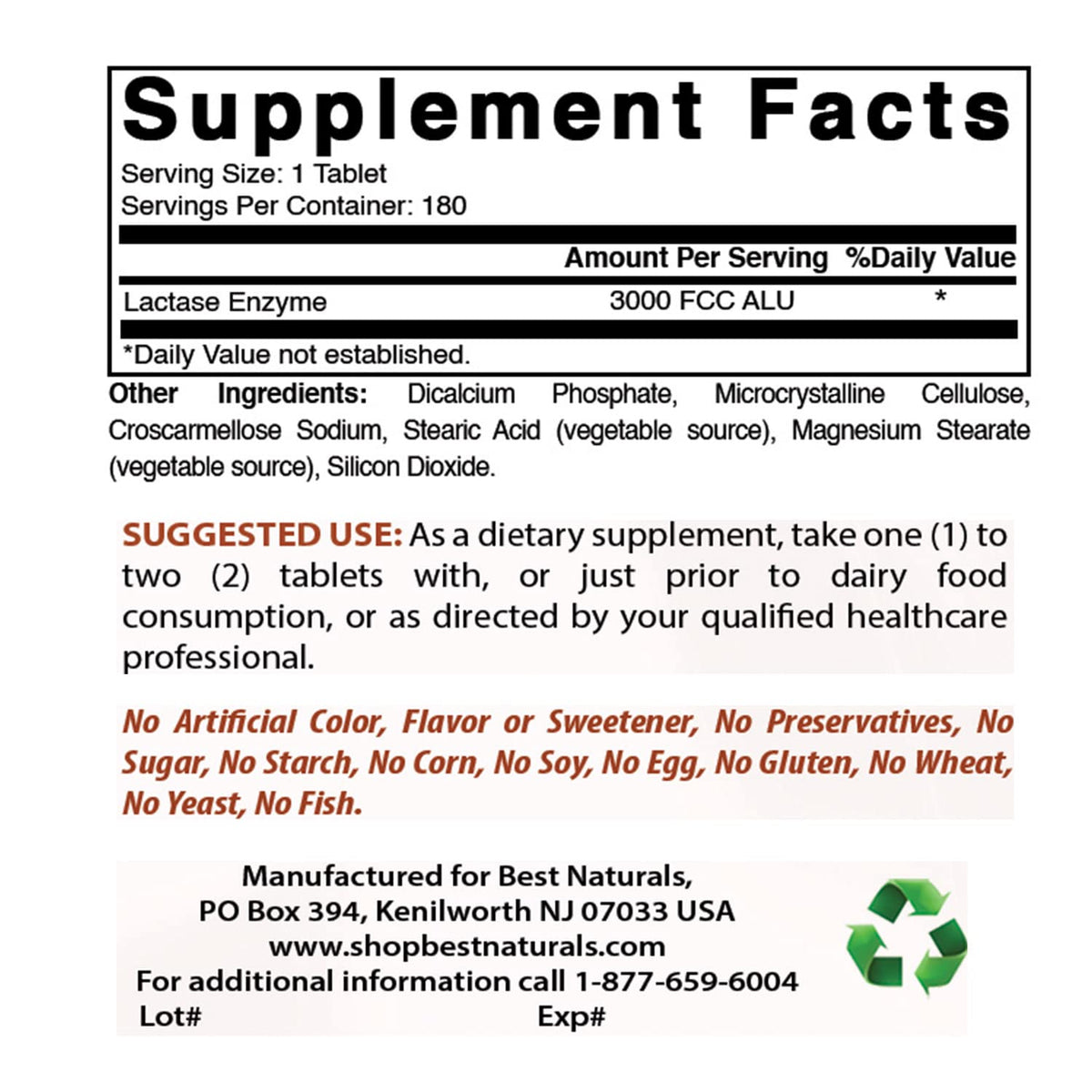 Best Naturals Fast Acting Lactase Enzyme 3000 FCC ALU - 180 Tablets (Pack of 3)