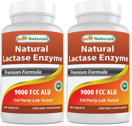 Best Naturals Lactase Enzyme Tablets – Fast Acting 9000 FCC ALU, 180 Count per Bottle, Pack of 2