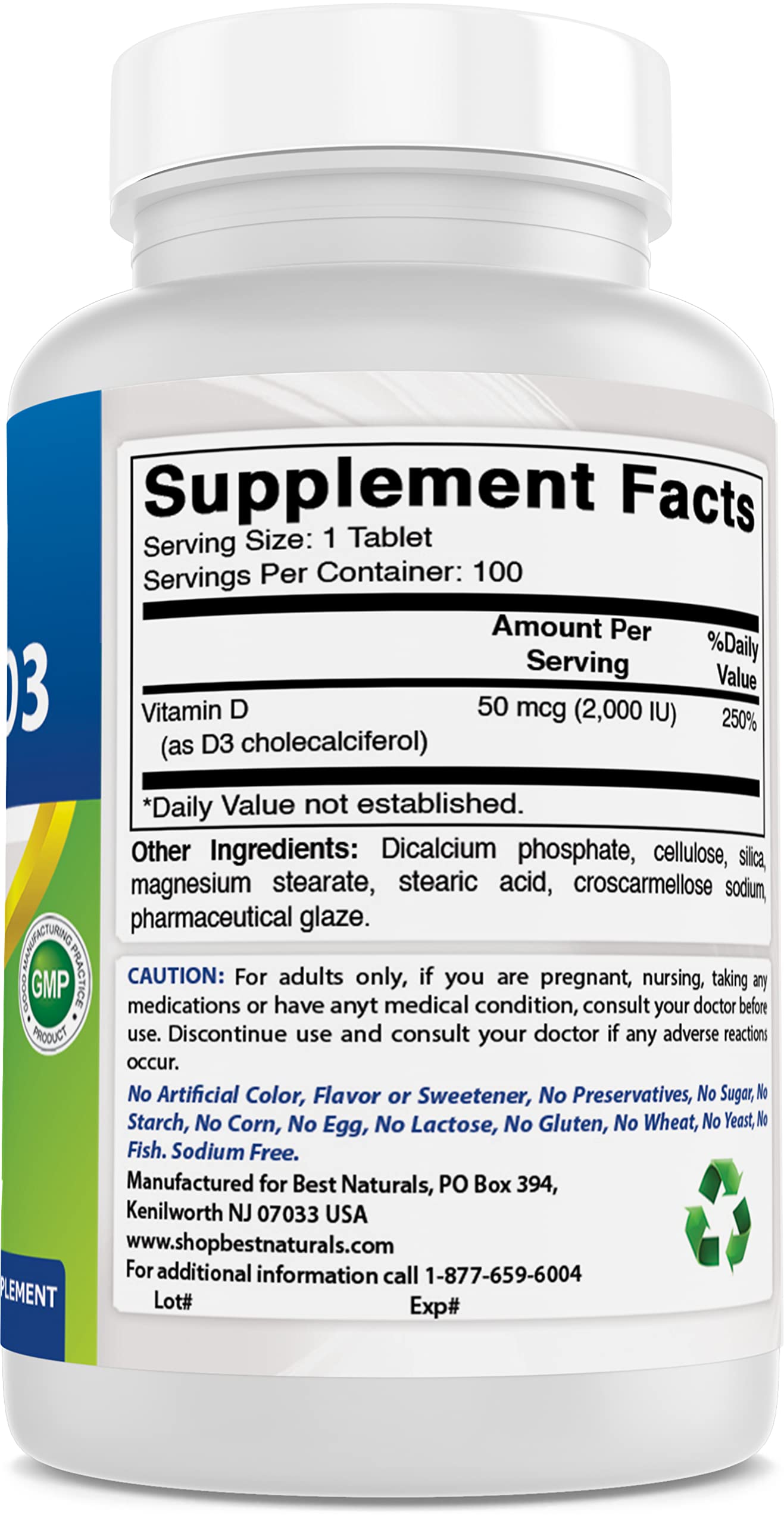 Best Naturals Vitamin D3 2000 IU - 2-Pack, 100 Tablets - Immune & Bone Support