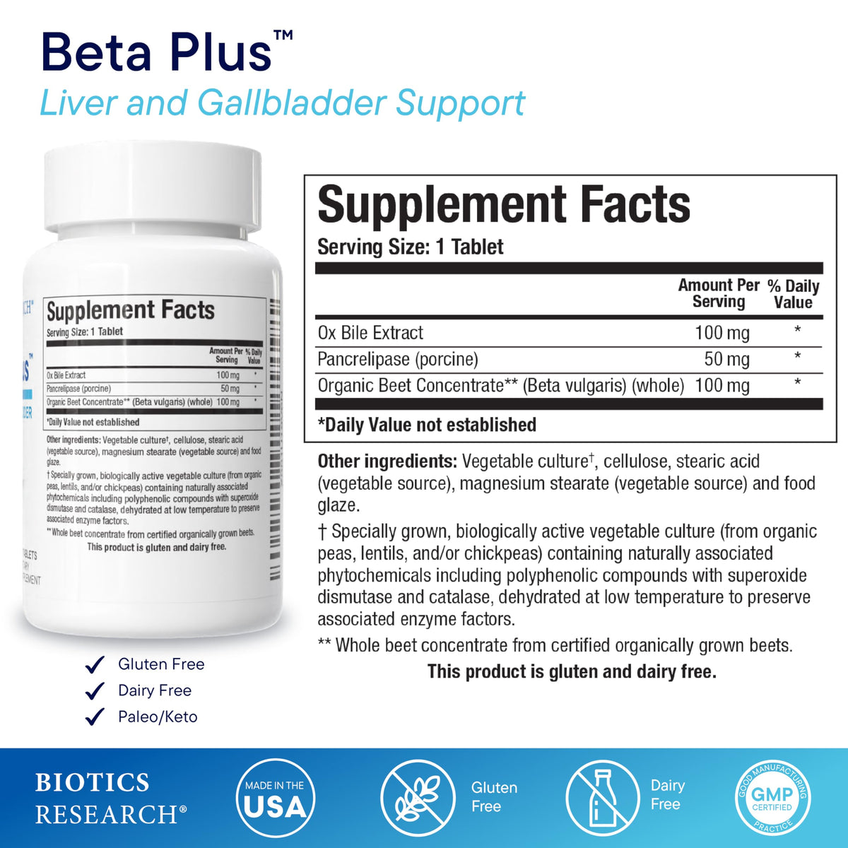 Biotics Beta-Plus Ox Bile Salts & Digestive Enzymes - 90 Tabs | Bile Production, No Gallbladder Support, Liver & Fat Digestion