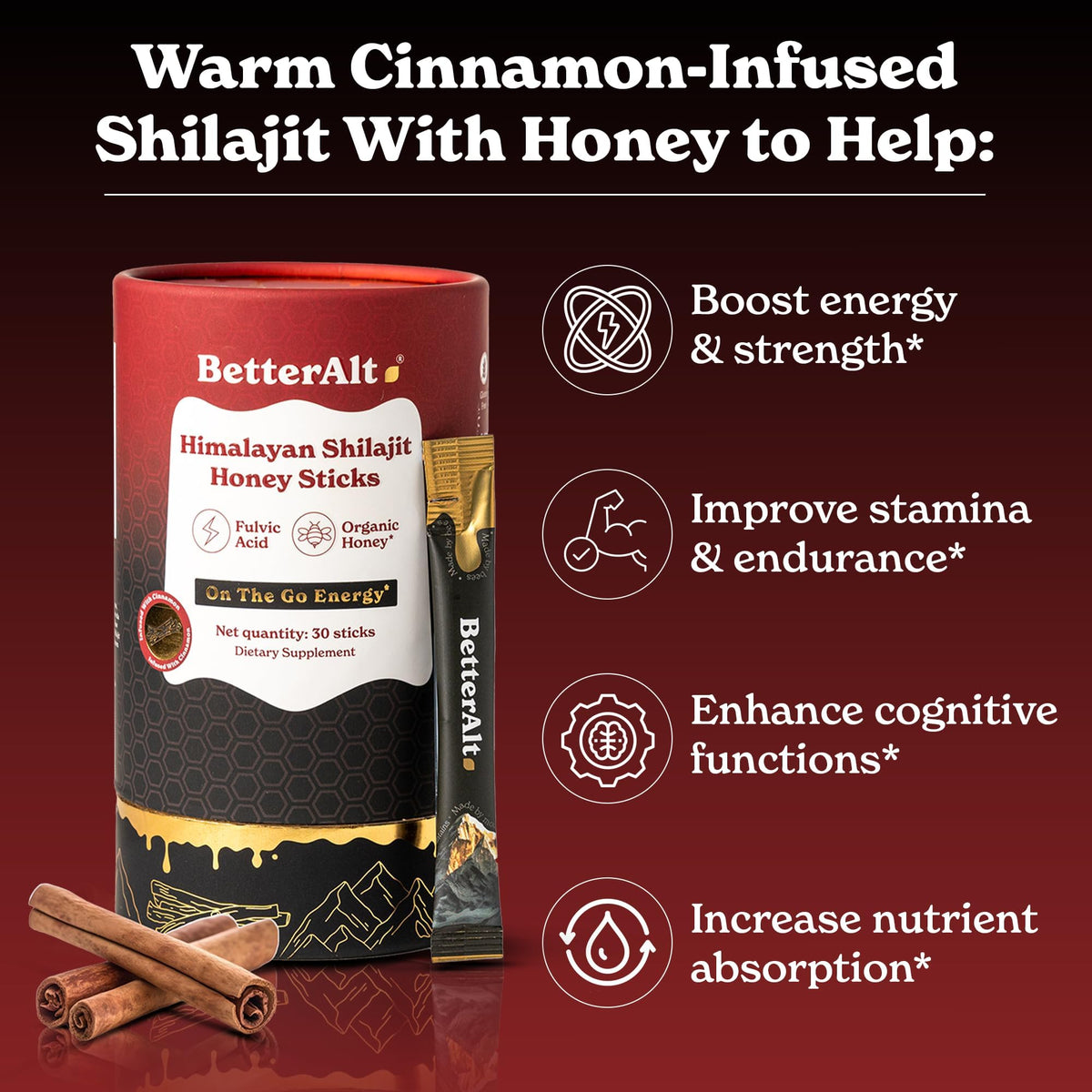 Better Alt Himalayan Shilajit Cinnamon Honey Sticks – 30 Sticks for Energy & Immunity