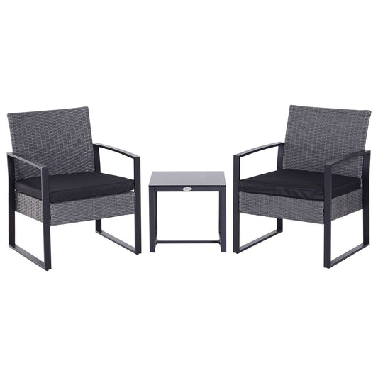 Outsunny  3 Pieces Rattan Dining Set Patio Bistro Table Chair Conversation Set w/ Cushion Grey 63cmx57cmx76cm