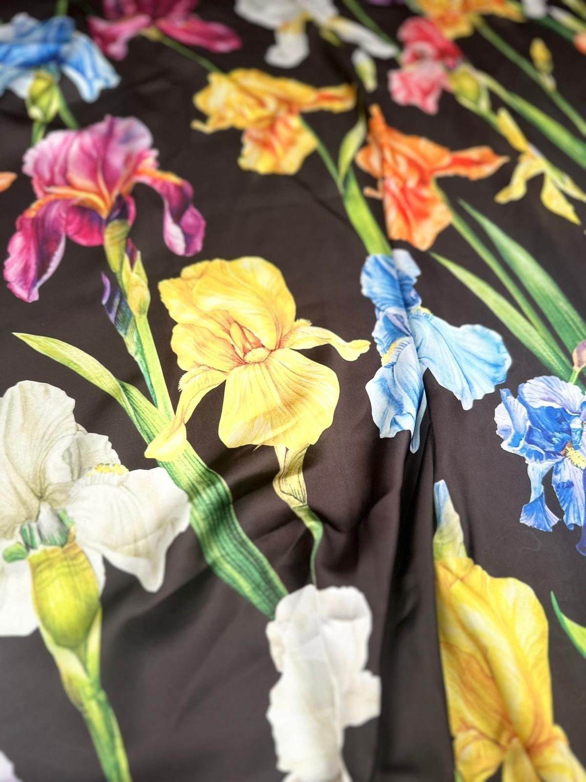 Multicolor Floral Pattern Fabric Big Flowers on Black Background