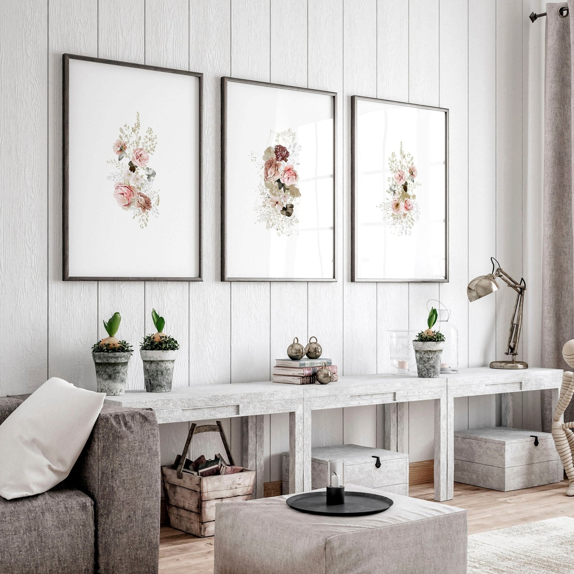 Big wall art for living room | set of 3 Shabby Chic prints