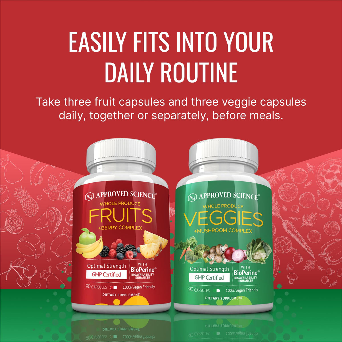 Approved Science Fruits & Veggies: 42-Item Whole Fruit & Veggie Capsule Supplement (90 Capsules)
