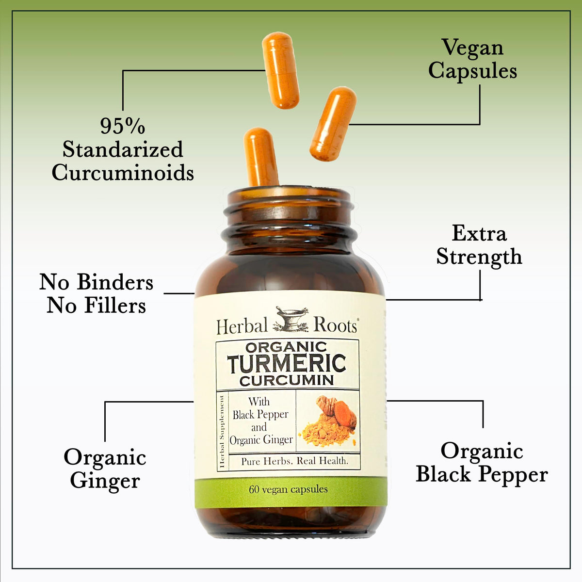 Herbal Roots - Turmeric Curcumin Capsules - Extra Strength - 1000mg Pure Organic Turmeric Supplement, 95% Standardized Curcumin Extract with BioPerine Pepper and Ginger