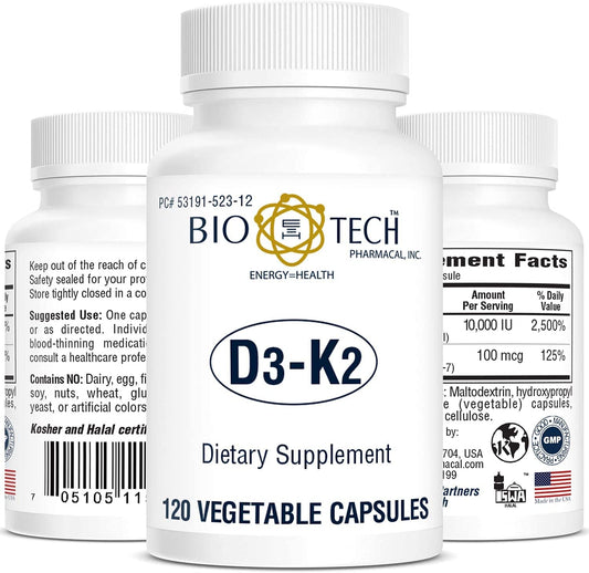 Bio-Tech D3-K2 120 Vegcaps – Vegan Vitamin D3 & K2 for Bone Health