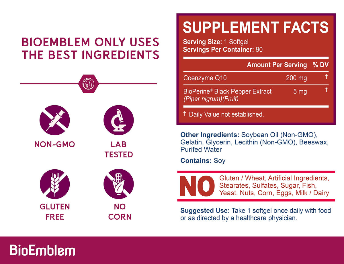 BioEmblem CoQ10 with BioPerine 200mg Softgels – High Absorption CoQ10 for Energy & Heart Health | Non-GMO, Made in USA (90 Count)