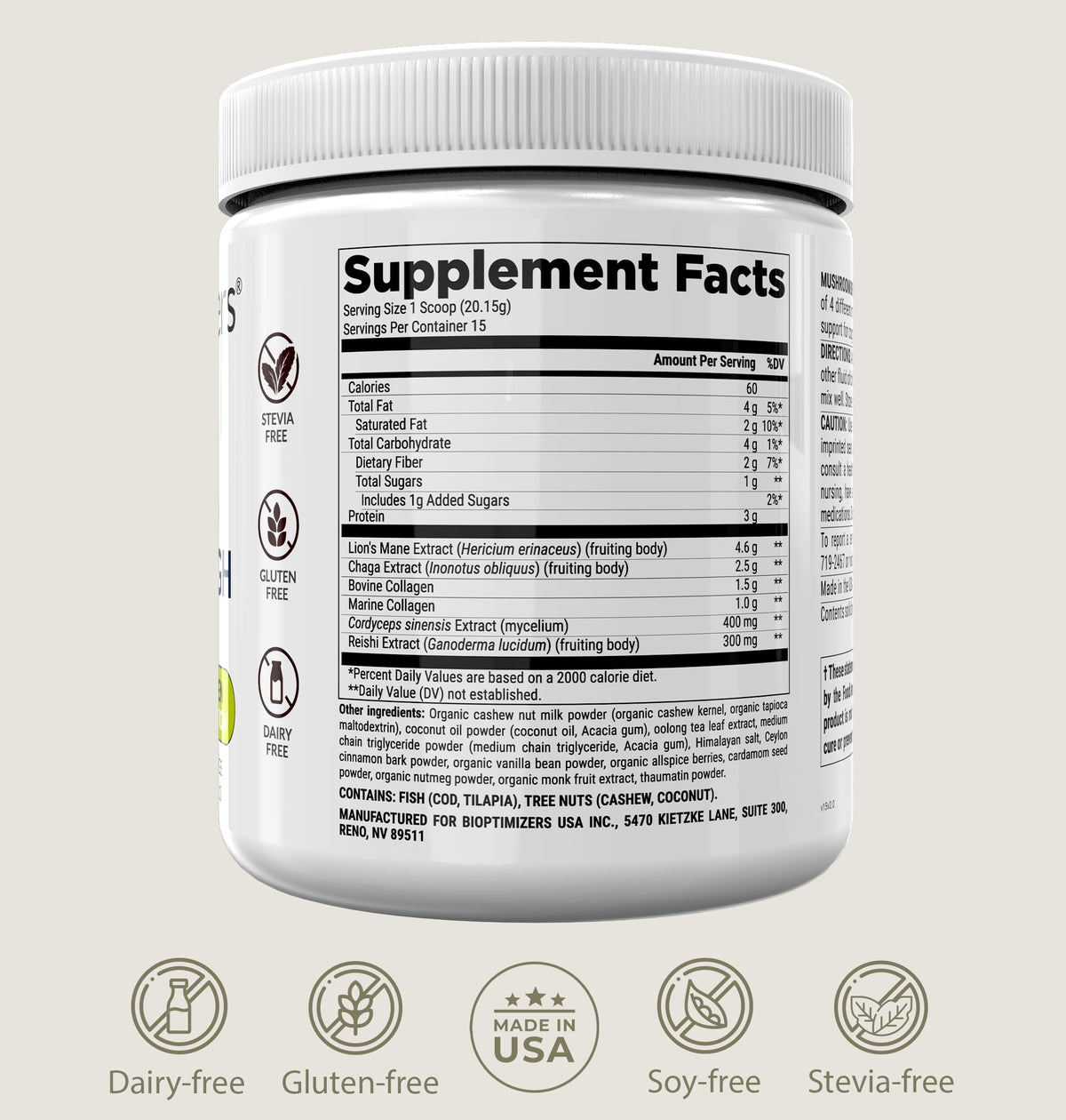 BIOptimizers Mushroom Coffee Alternative – Chai Drink with Lion’s Mane, Chaga, Reishi + Collagen – 15 Servings