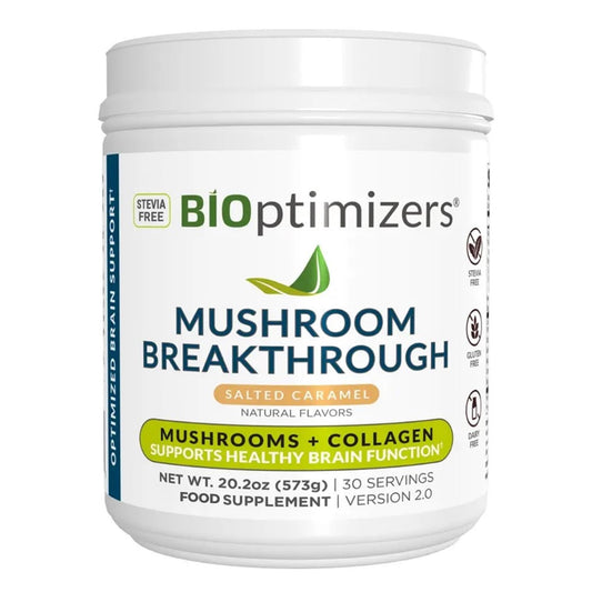 BIOptimizers Mushroom Coffee Alternative – Salted Caramel with Lion's Mane, Chaga, Reishi + Collagen & MCT (15 Servings)