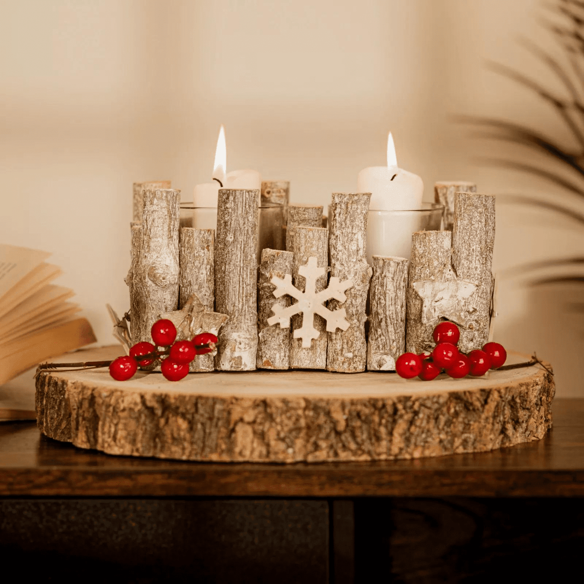 Birch Wood Christmas Tea Light Candle Holder Frosted 22cm