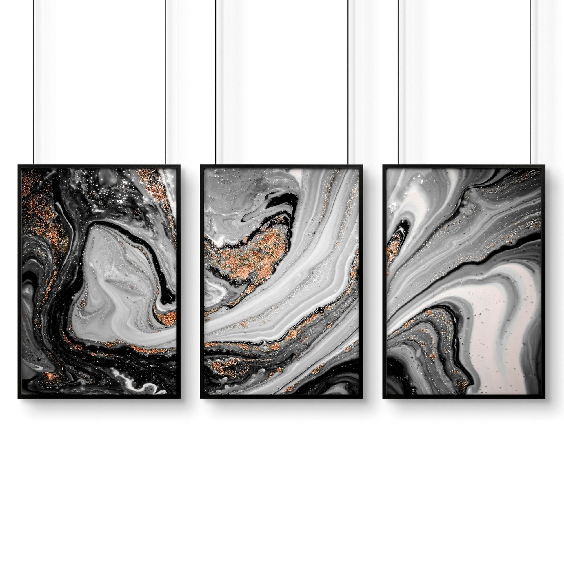 Abstract large wall art | set of 3 Black and Gold wall art prints