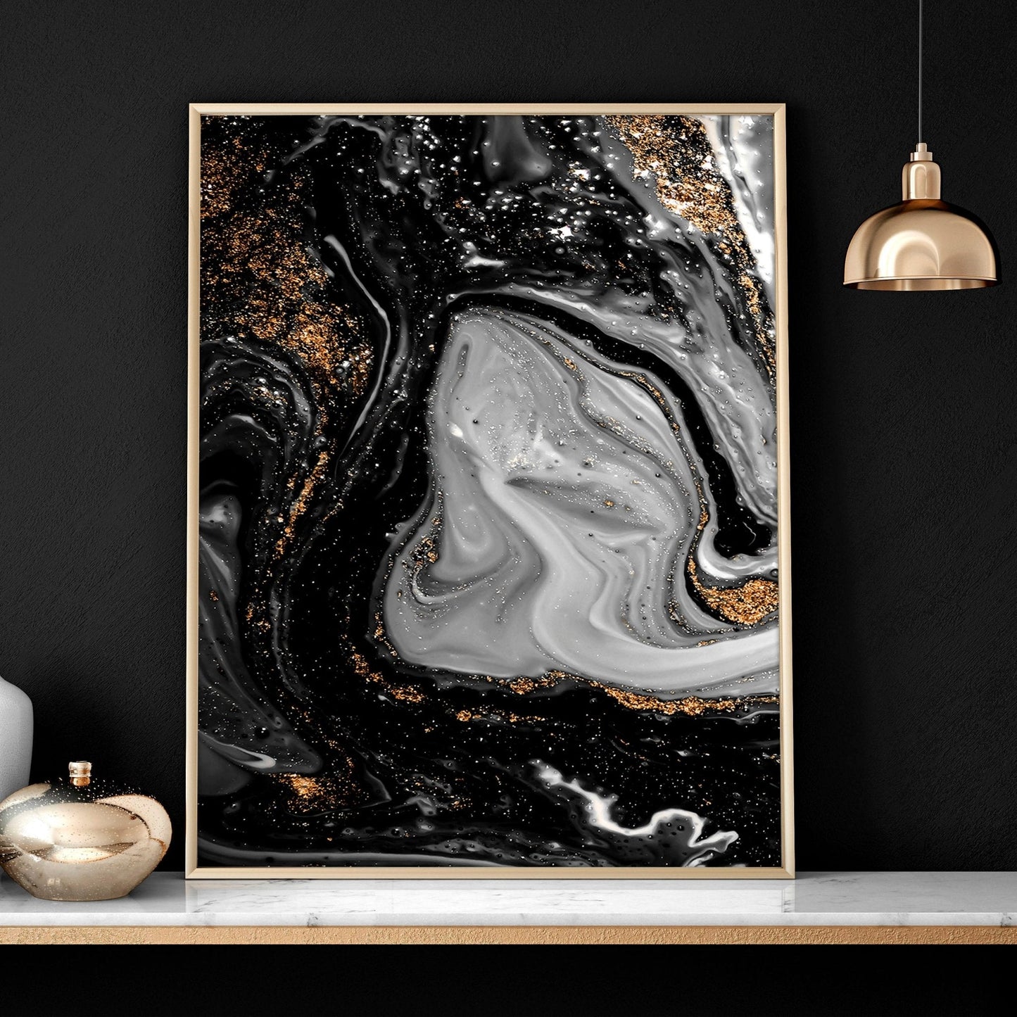Abstract large wall art | set of 3 Black and Gold wall art prints