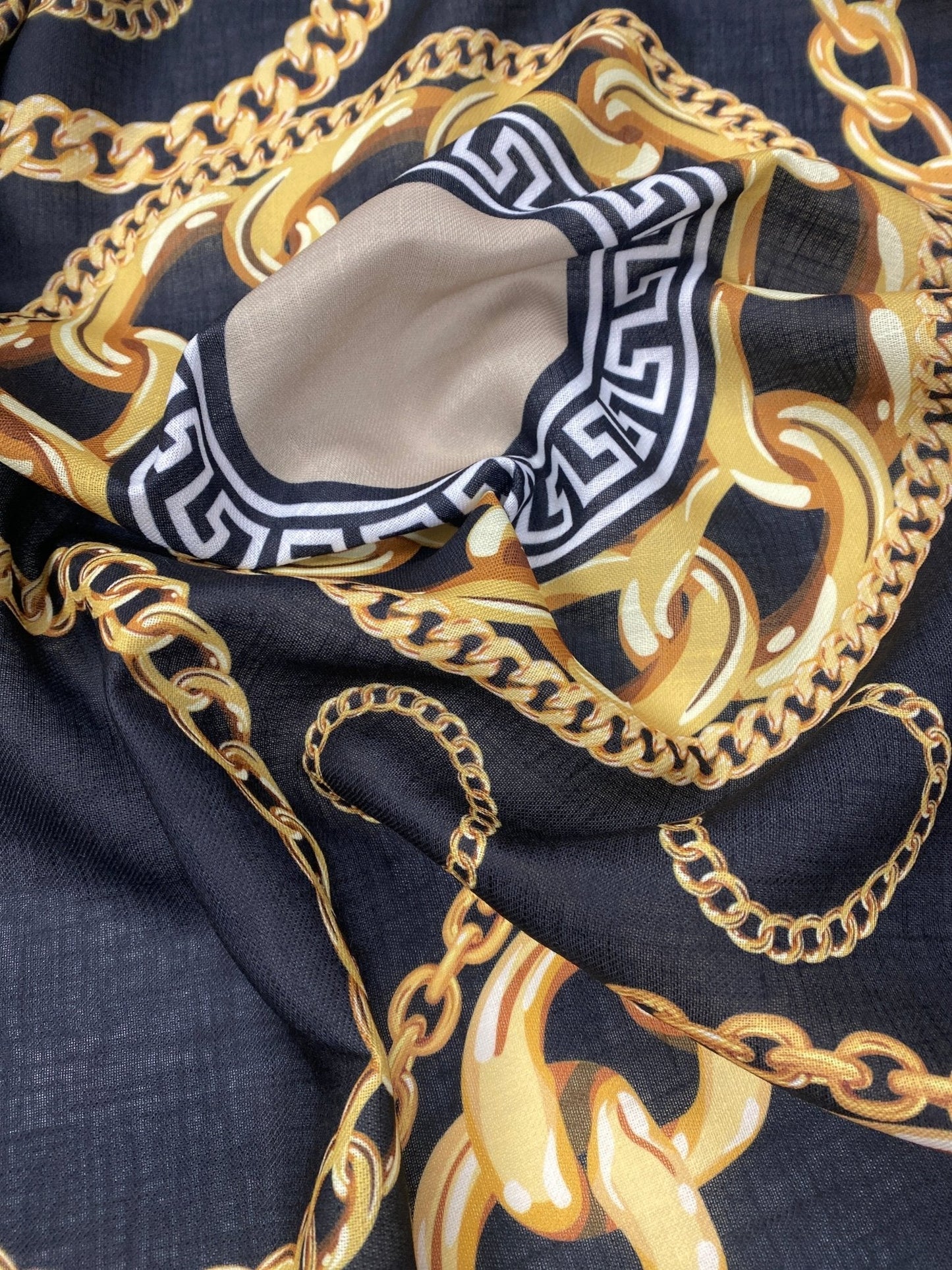 Black and Gold Baroque Pattern Luxury Chain Print Fabric by Metre
